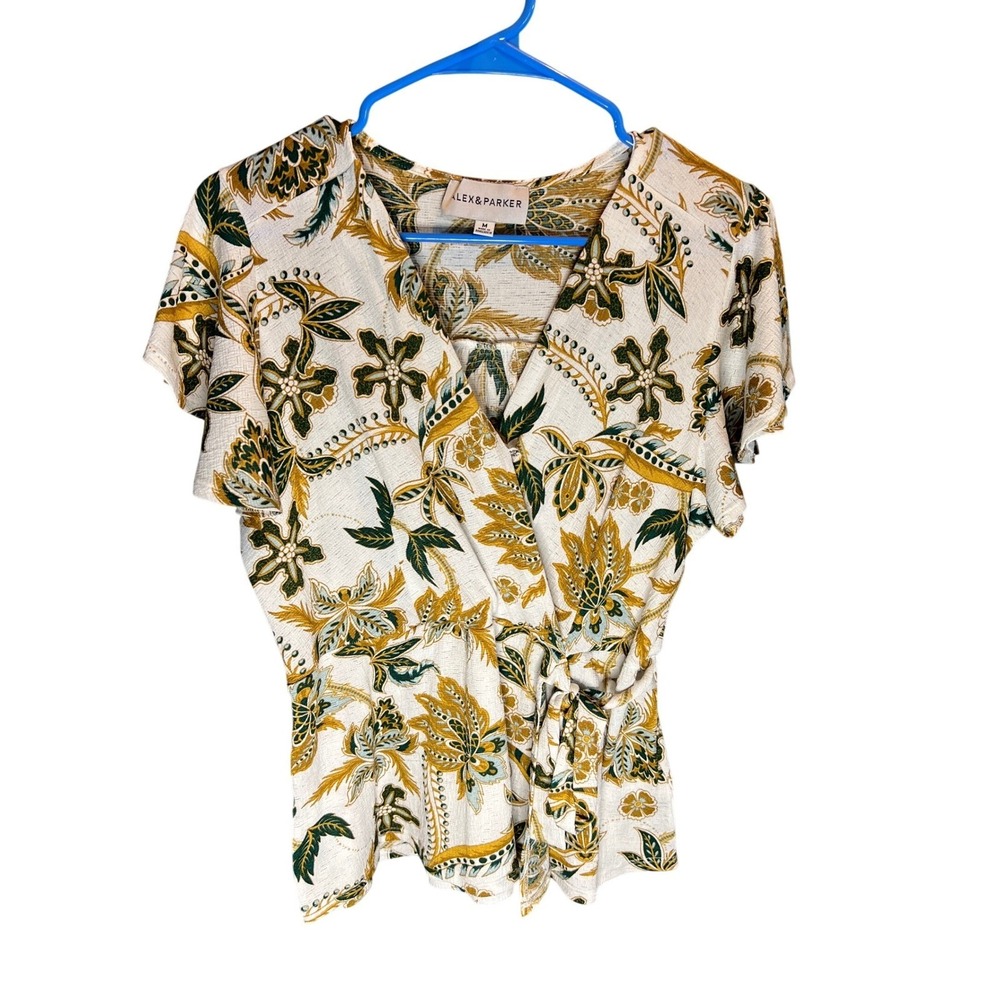 Alex & Parker Womens Floral Paisley Wrap Top Mustard Yellow Green Size M AP360